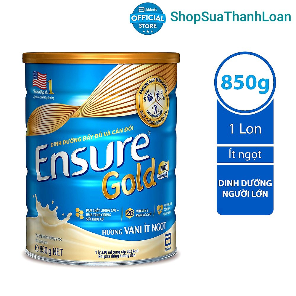  [HSD T11-2022] Sữa bột Ensure Gold Vani Ít ngọt (HMB) - Hộp 850gr