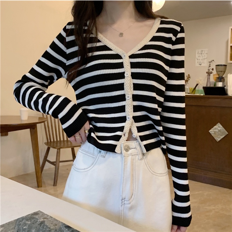 Áo cardigan SUXI dệt kim tay dài cổ chữ V hoạ tiết kẻ sọc phong cách cổ điển