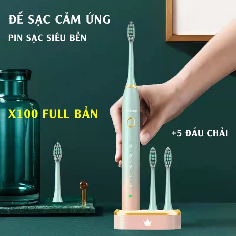 Bàn Chải Điện Tự Động 5 in 1 X100 Tẩy Trắng Răng Máy Đánh Răng Cao Cấp Lông Mềm Cho Bé 6 Chế Độ Đa Năng Chống Nước