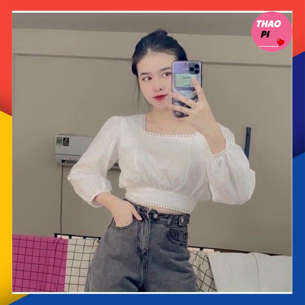 Áo kiểu nữ tay dài cổ bầu phối ren cột nơ lưng siêu dễ thương hình thật trải sàn