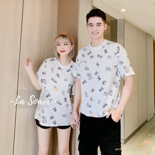 Áo thun nam nữ LA SOAVE màu trắng đa họa tiết form rộng tay lỡ dáng Ulzzang - Thương nhau gấp bội