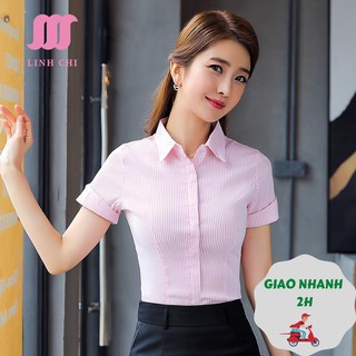 Áo sơ mi nữ kẻ sọc hồng tay ngắn cao cấp vải lụa ASKH201