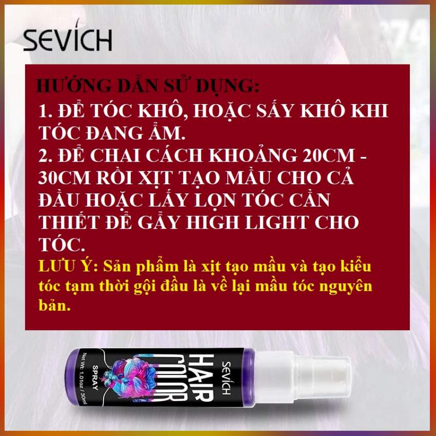 Gôm Xịt Nhuộm Đổi Màu Tóc Tạm Thời Sevich 30ml/Chai Với 05 Màu Thời Trang Tùy Chọn