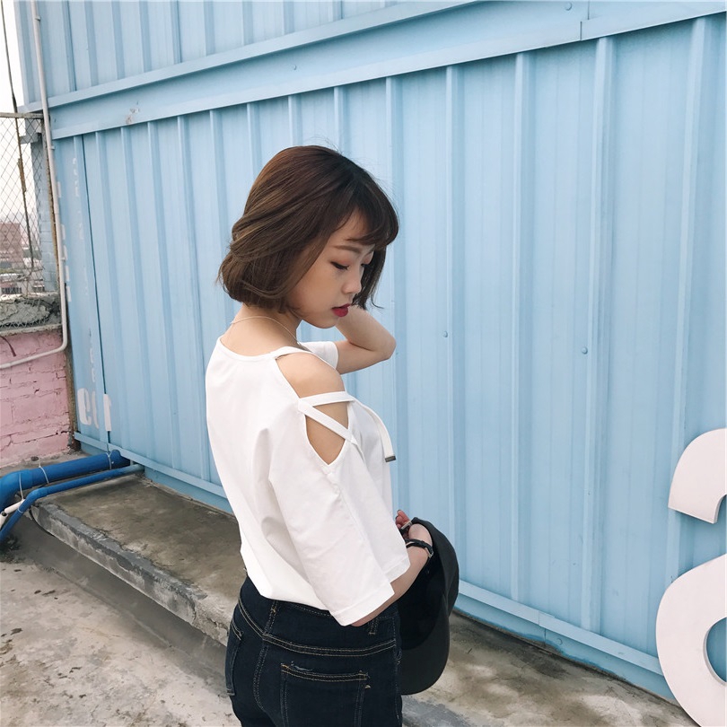 Áo thun nữ ngắn tay vai đan dây phong cách Hàn Quốc