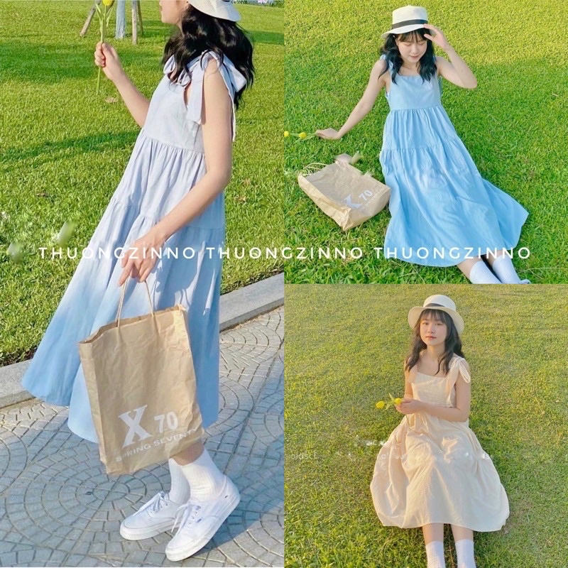 [Ảnh thật/Video]Váy Hai Dây Bản To Buộc Vai Chất Thô Lụa Mát From Rộng