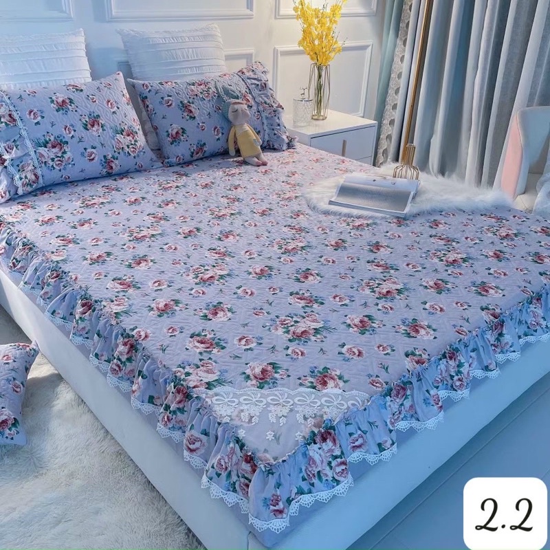 Bộ thảm ga giường kèm 2 vỏ gối cotton phối bèo công chúa siêu xinh, mẫu mới nhất 2022 đủ kích thước
