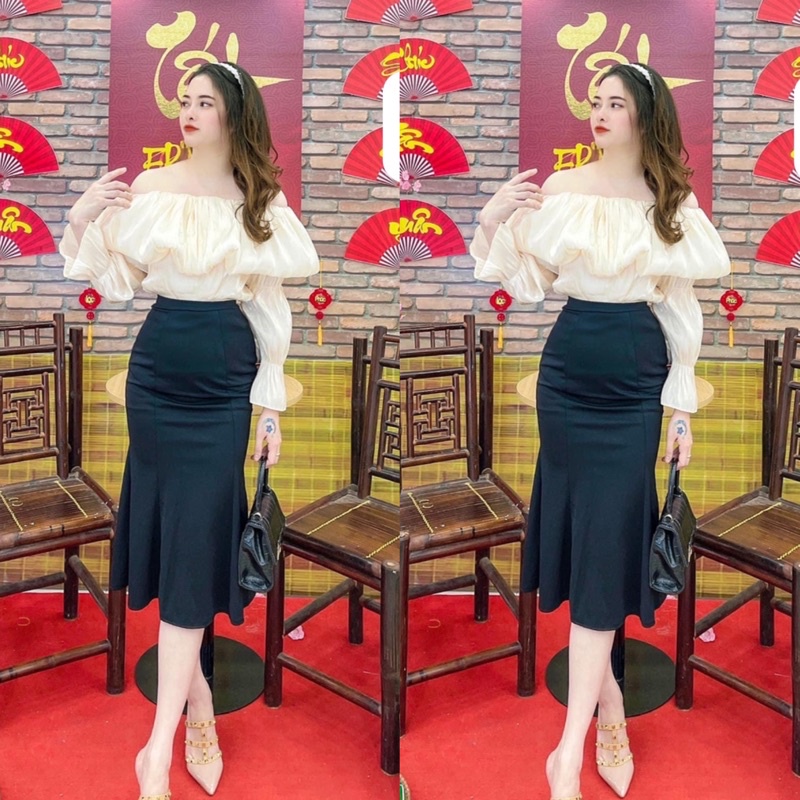 Sét áo tơ trễ vai mix chân váy đuôi cá siêu sexy quyến rũ hàng loại 1