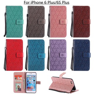 For iPhone 6 Plus/6S Plus Blue Lanyard Relief Flower Leather Flip Case