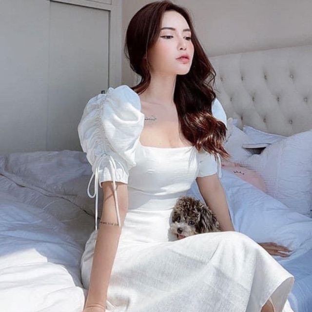 Váy tay bồng nhún gấm đũi