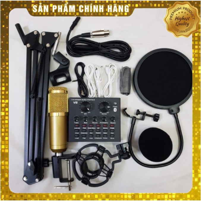 Combo bộ Mic Thu Âm, Hát Karaoke,Livestream online cực hay Trọn Bộ Soundcard V8 bluetooth