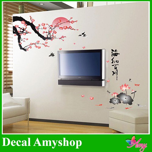 Decal dán tường phòng khách Cành đào thư pháp- DH062