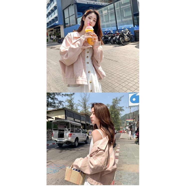 Áo Khoác Denim Tay Dài Dáng Rộng Màu Hồng Xinh Xắn Cho Nữ