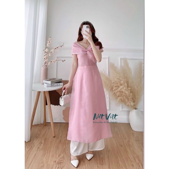 Áo dài tơ hồng nhẹ nhàng kiểu dáng tiểu thư sang choảnh form 4 tà tôn dáng gọn người, Áo dài Nét Việt