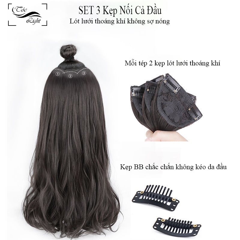 Set 3 kẹp tóc giả nữ xoăn sóng cao cấp làm dày tóc-Tóc giả kẹp 3 mảnh dài 60cm tạo nhiều kiểu dáng- Đeo đi chơi, đi học,