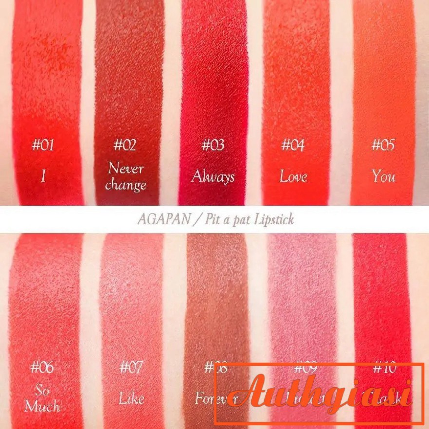 Son thỏi lì Agapan Pit A Pat Matte Lipstick mịn môi, lên màu tuyệt đẹp đủ màu 01-13 [Có Bill]