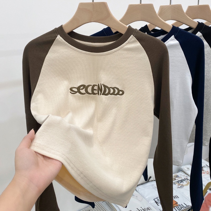 Áo Thun Ngắn Dài Tay Thêu Chữ Màu Sắc Tương Phản Phong Cách Retro Mỹ 54638