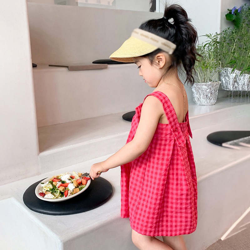 Đầm Hai Dây Họa Tiết Caro Đính Nơ Phong Cách Hàn Quốc Thời Trang Mùa Hè Cho Bé Gái