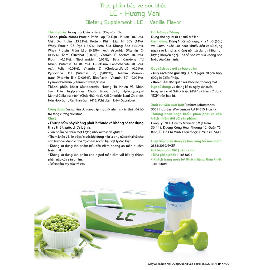 Thức uống LC Protein tự nhiên Phân Lập từ đậu Hà Lan, đạm tinh từ thực vật