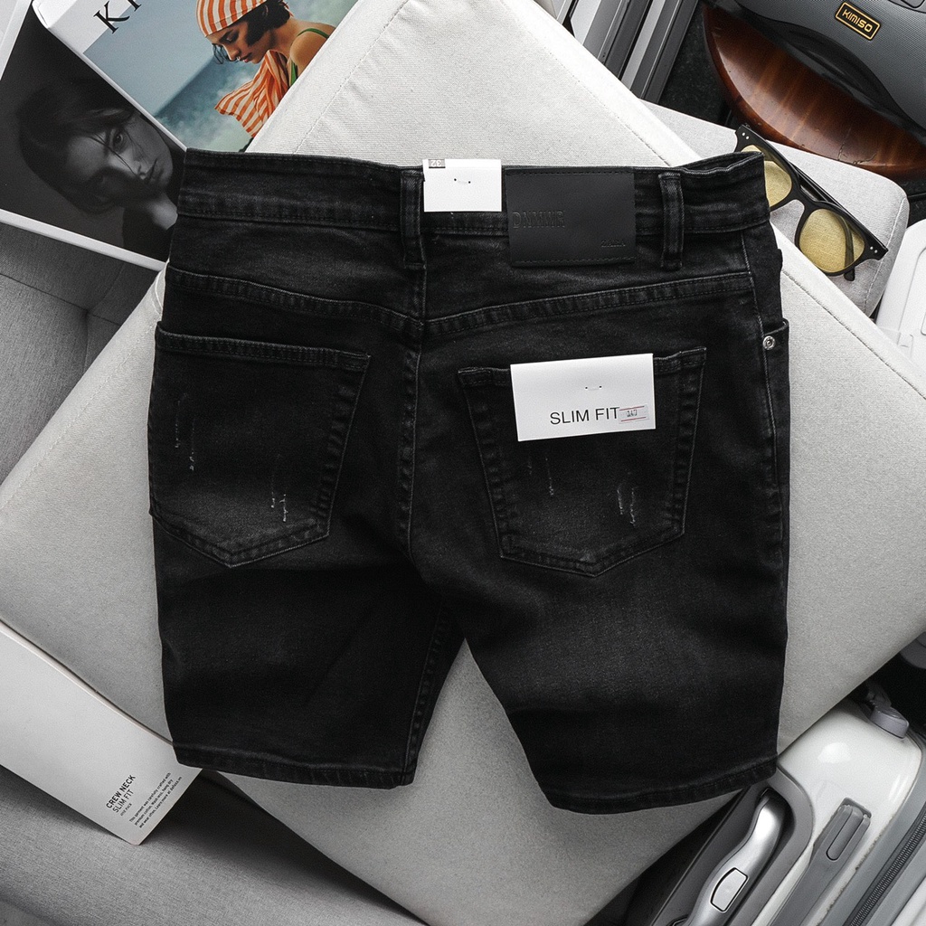Quần short jean nam mài màu đen chất bò đẹp min hàng VNXK trên gối co giãn slimfit