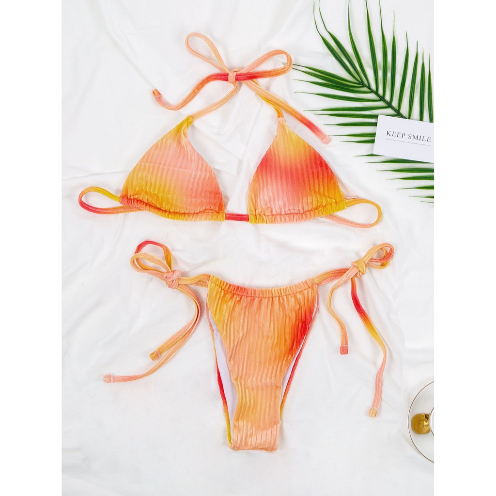 [BKN1385] &lt;ÂU&gt; SET BIKINI TRIANGLE NHUNG GÂN OMBRE CAM/TÍM