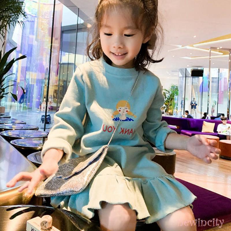 Korean Girls Cotton Dress Kids Spring Autumn Cute Cartoon Print Princess Long-Sleeved Sweet Dress