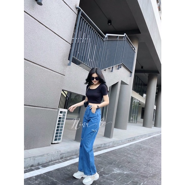 Quần Baggy Jean Nữ Lưng Cao Ống Rộng Rách Kiểu