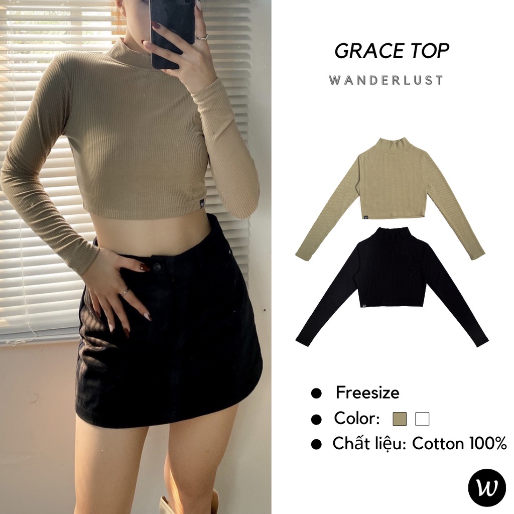 Áo Grace Top cổ lọ màu đen, Be