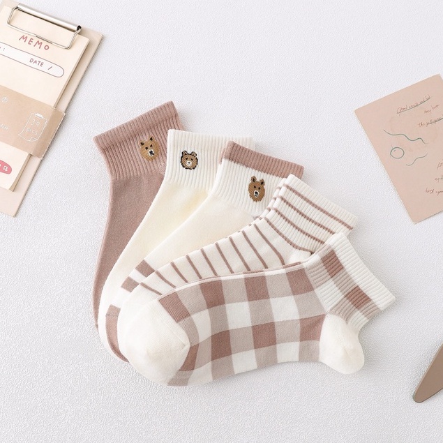 Set 5 đôi tất vớ cổ ngắn họa tiết dễ thương Vintage nhiều kiểu chất liệu cotton kháng khuẩn LUCIA SISTER T06