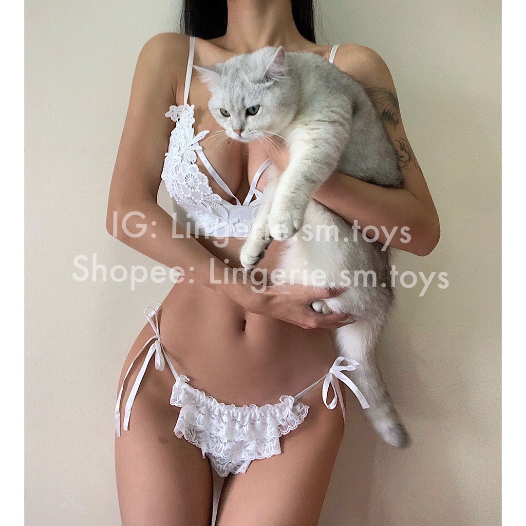 Bralette Ren Hoa Mềm Mại + Quần Lót Ren Buộc Dây Gợi Cảm - Nội Y Sexy - Đồ Lót Gợi Cảm