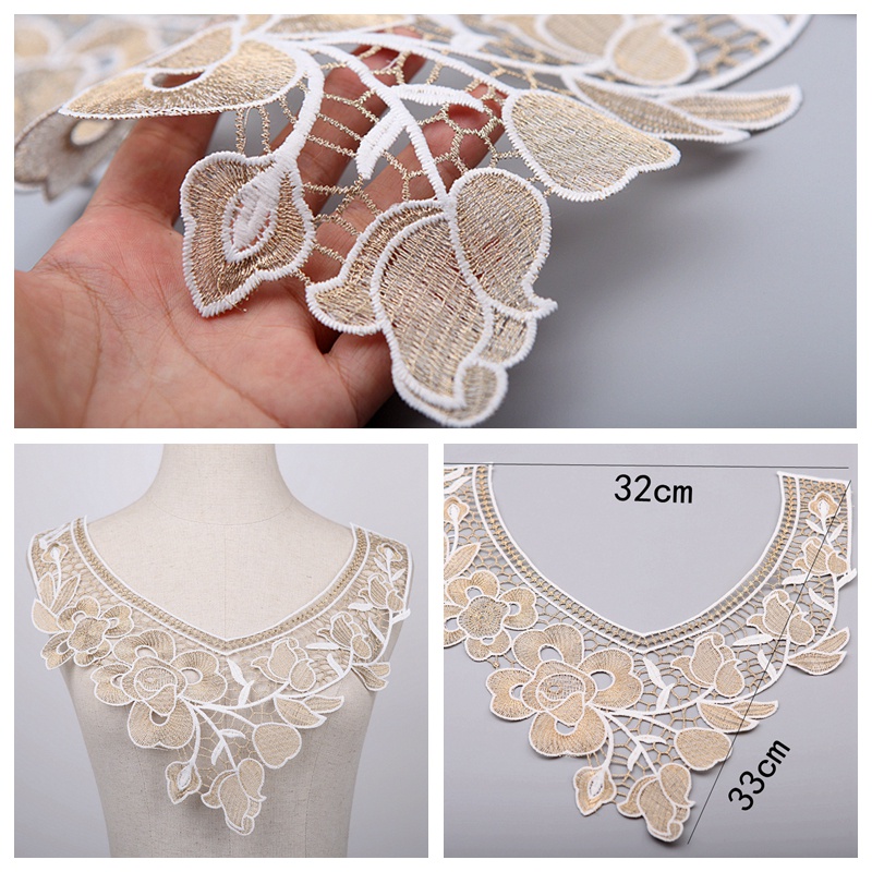 1 Miếng Vải Ren Hoa Màu Trắng / Vàng Dùng Thêu Cổ Áo DIY