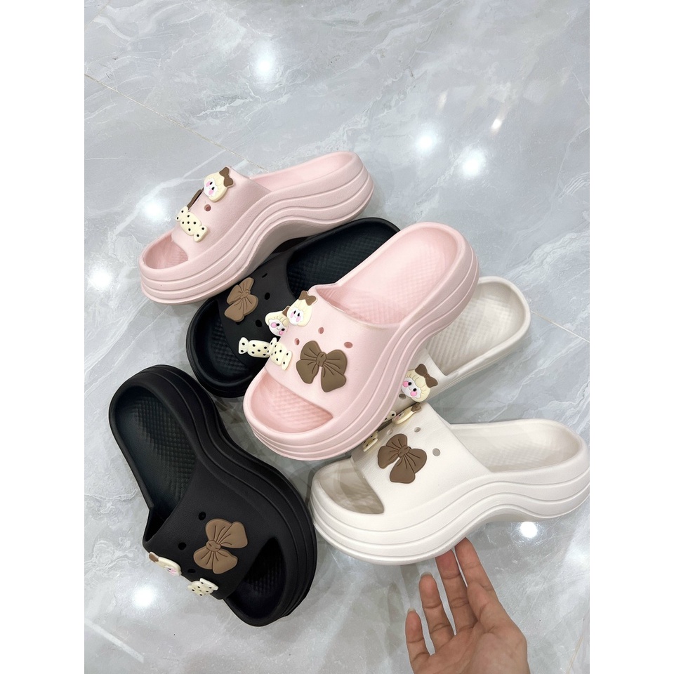 Dép bánh mì nữ đế viền lượn sóng 5p gắn stiker nơ-kẹo