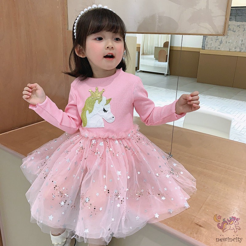 Đầm Dáng Xòe Tay Dài Phối Lưới Dễ Thương Dành Cho Bé Gái