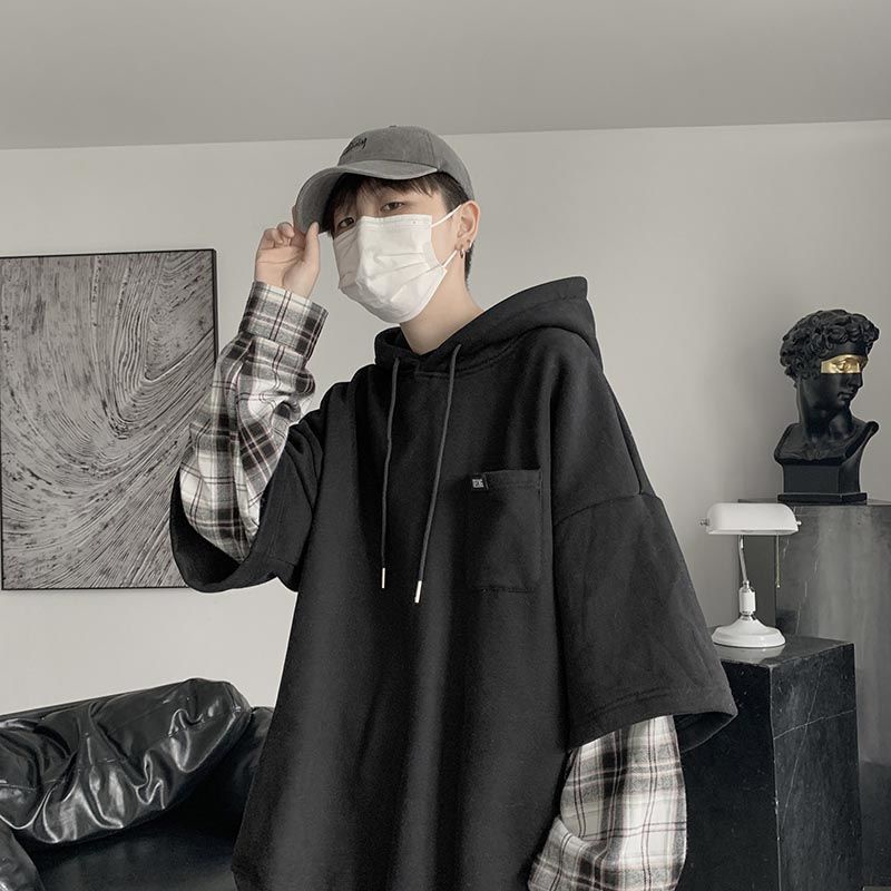 Áo Hoodie Giả Hai Lớp Họa Tiết Sọc Caro Phong Cách Nhật Bản Thời Trang Cho Nam