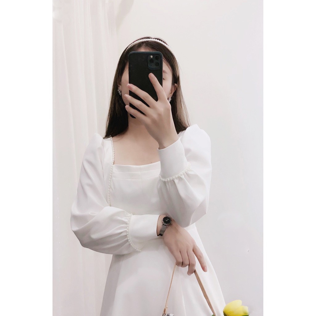 Váy trắng dự tiệc body cổ vuông tay dài phối ren hạt sống chất , Đầm dáng xòe ulzzang (hình thật/ sẵn) | BigBuy360 - bigbuy360.vn
