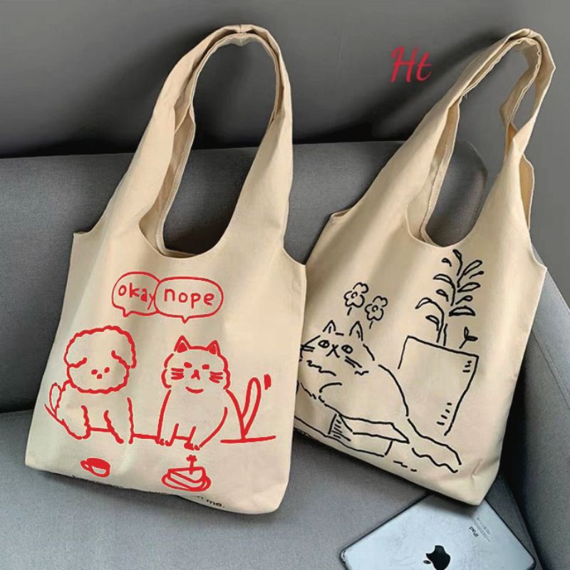 Túi quai tròn hình in cute from túi to đựng sách thoải mái , chất kaki l1