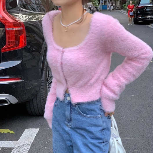 Áo khoác cardigan vải nhung tay dài cổ tròn màu trắng/ màu hồng thời trang thu đông dành cho nữ | BigBuy360 - bigbuy360.vn