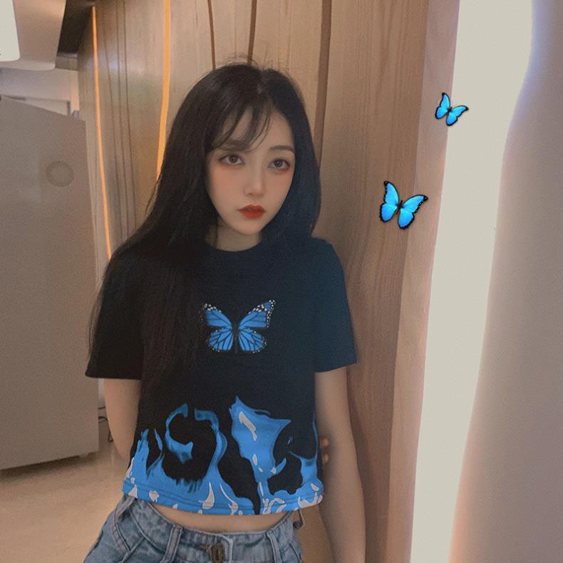 BUTTERFLY Áo Croptop Tay Ngắn Hoạ Tiết Bướm Phong Cách Vintage  ྇ ྇