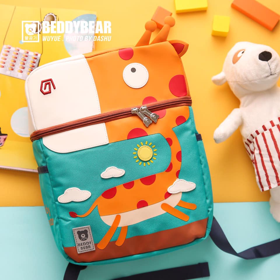 Balo cho Bé trai hoặc gái học Mẫu giáo Thương hiệu Beddybear / Beddy bear Họa tiết Hươu Cao Cổ, thiết kế chống gù lưng