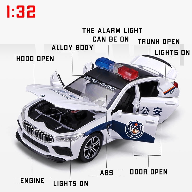 Mô Hình Xe Cảnh Sát BMW M8 Tỉ Lệ 1: 32 Bằng Hợp Kim Có Đèn Và Nhạc