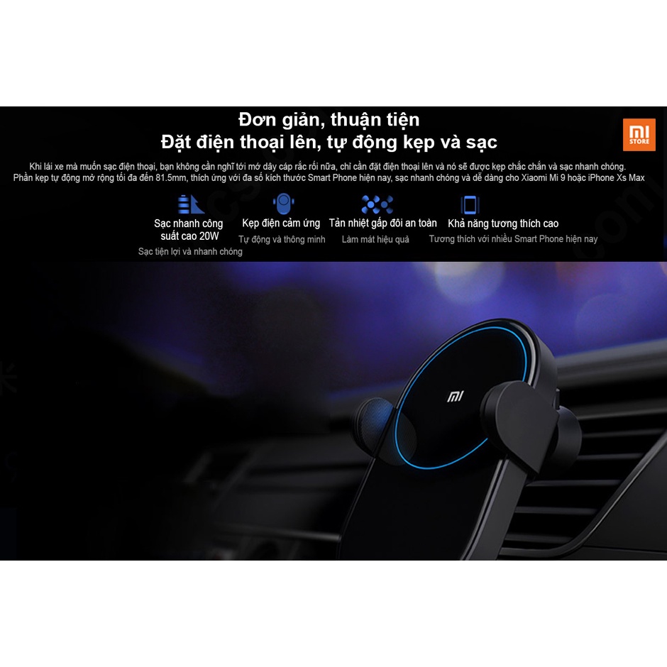 Giá đỡ điện thoại, Kẹp điện thoại kiêm sạc không dây sạc nhanh 20W trên ô tô xiaomi