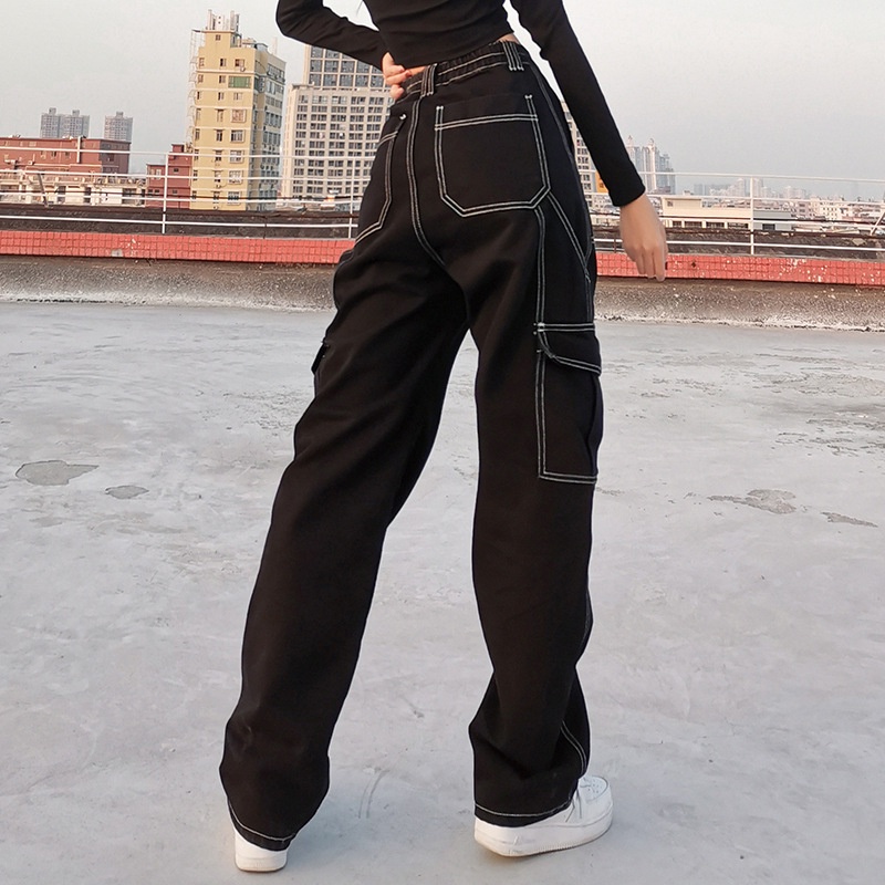 DUNEA Quần jean dài dáng rộng ống suông phối túi màu tương phản cá tính cho nữ