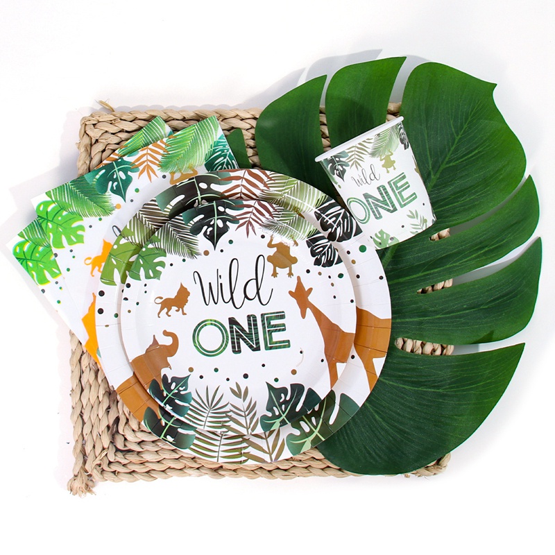 Bộ Dụng Cụ Bàn Ăn Và Cốc Giấy Dùng Một Lần Trang Trí Tiệc Sinh Nhật In Hình Rừng Cây Cho Trẻ Em 1 Tuổi