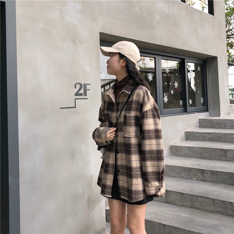 Áo sơ mi tay dài dáng rộng in họa tiết caro thời trang Hàn Quốc