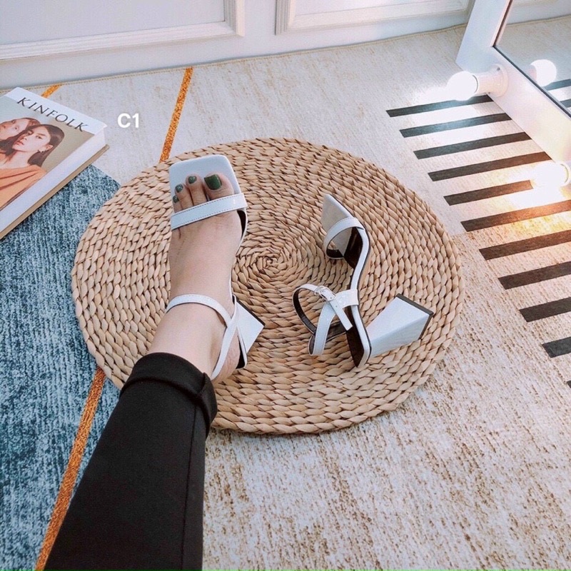 Giày guốc sandal nữ cao gót tam giác quai ngang mũi vuông thời trang mới nhiều màu rẻ bền đẹp đi chơi
