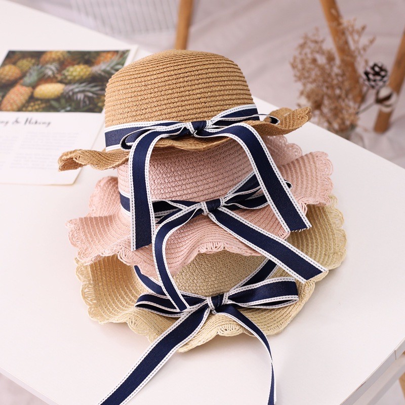 Set mũ cói cho mẹ và bé gái đi biển đính nơ