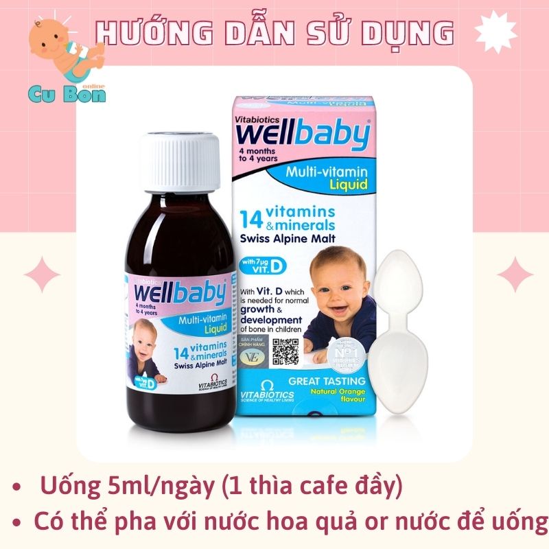 Vitamin cho bé WELLBABY INFANT LIQUID (150ml) từ 6 tháng đến 4 tuổi hay biếng ăn hấp thụ kém chứa vitamin C A B E, Anh