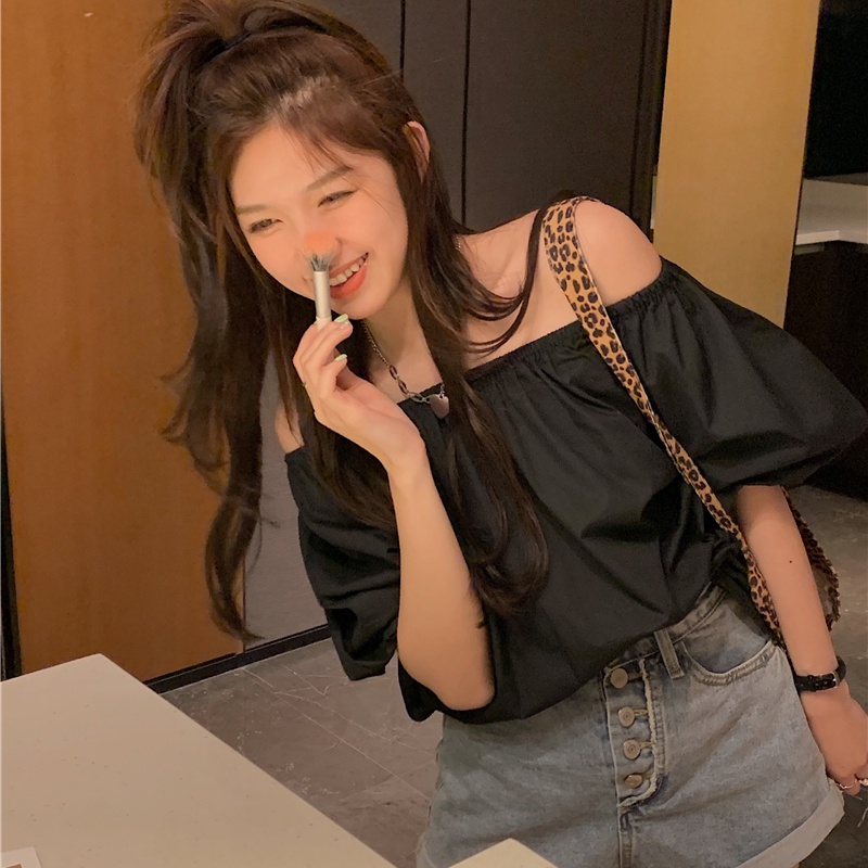 SUXI Áo Kiểu Trễ Vai Tay Phồng Dáng Rộng Màu Trơn Thời Trang Mùa Hè Dễ Phối Đồ Cho Nữ