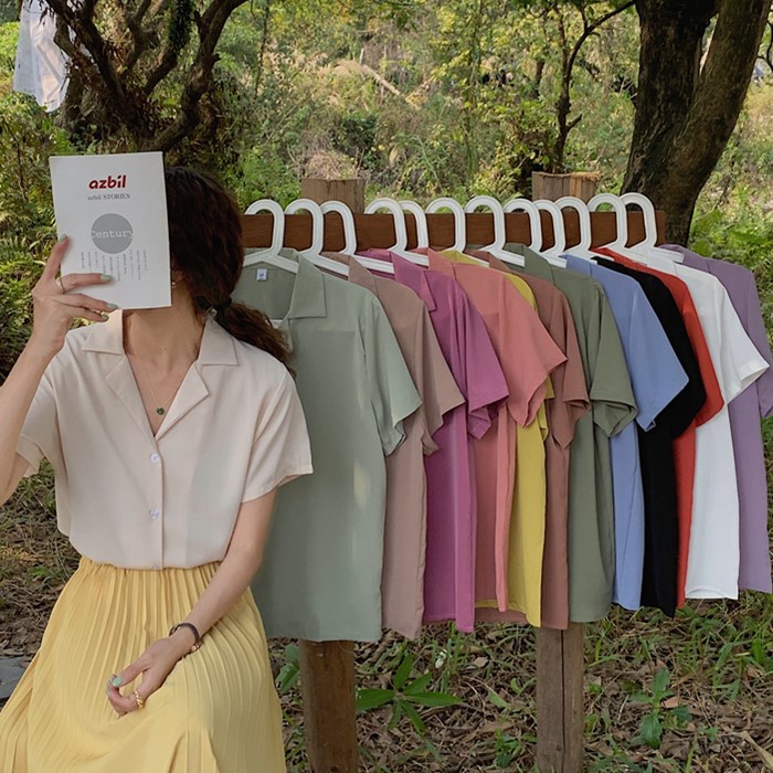 SUXI Áo Sơ Mi Tay Ngắn Cổ Chữ V Màu Sắc Đơn Giản Phong Cách Hàn Quốc Cho Nữ