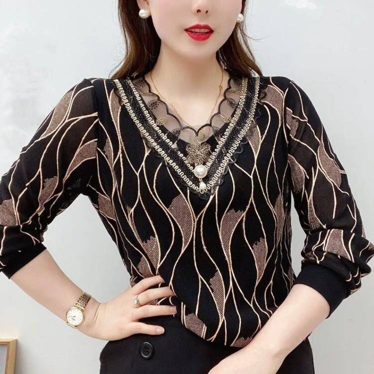☍▦Áo thun sợi lưới trên cùng mùa thu và đông nữ bà mẹ trung niên mặc dài tay ren bên trong mới 2021 | BigBuy360 - bigbuy360.vn