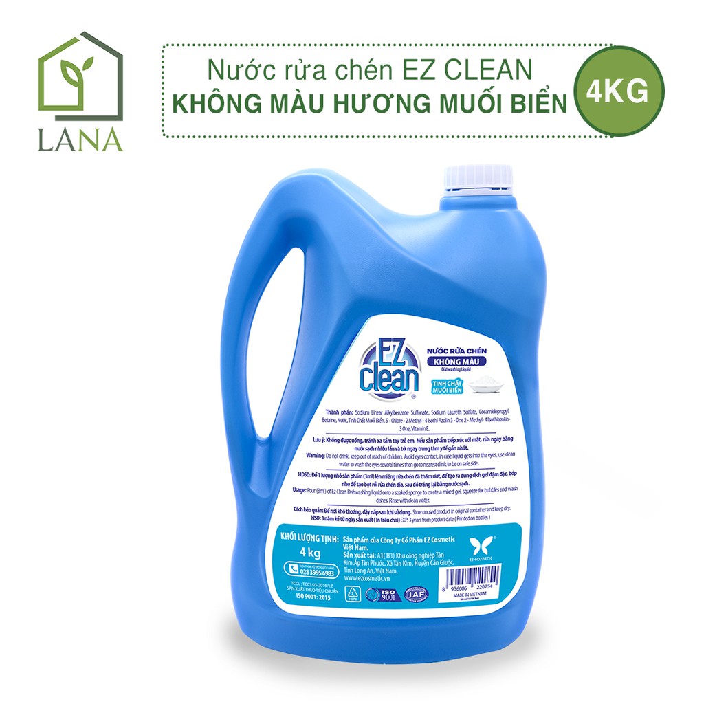 Nước rửa chén EZ CLEAN Không màu Hương Muối Biển 4 Kg